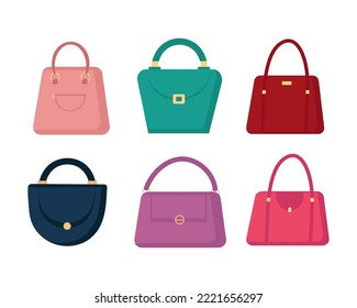 Set of bags of different colors on white 