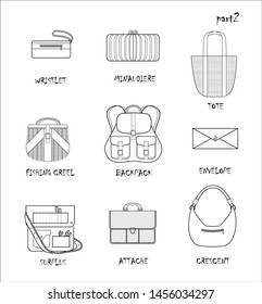 Set of bags. Different typs with titles. Wristlet, minaudiere, tote, fishing creel, backpack, envelope, surplus, attache, crescent. Fashion style. Drawn linear design. Isolated objects on a white.
