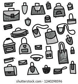 Set of bags in doodle style. Hand drawn woman accessories with texture. Vector  illustration.