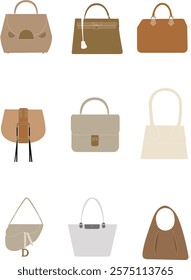 Set of bags with earth tone color. Vector of girls must have bags. Paris Bags