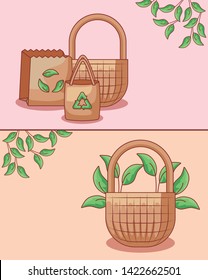 set of bags ecological and baskets wicker