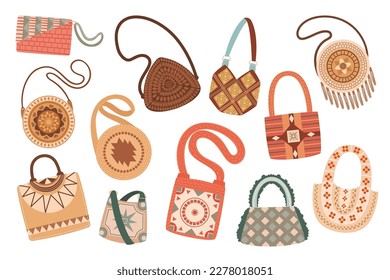 Set of Bags With Intricate Colorful Patterns. Functional Accessory Designs Range From Floral, Geometric To Abstract Making Them Versatile For Various Occasions And Outfits. Cartoon Vector Illustration