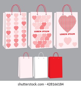 Set of bags and packages in pink color with patterns. Templates packages in red, white and pink. Sample prints of hearts with different patterns. Vector illustration