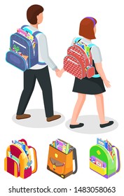 Set of bags and pupils vector, isolated boy and girl walking holding hands. Schoolboy and schoolgirl, characters with satchels on shoulders isometric 3d style. Back to school concept. Flat cartoon
