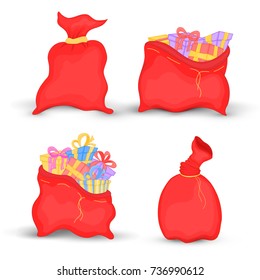 set bags Santa Claus is filled with bright gifts with bows for kids. illustration of Christmas red bags. new year collection. isolated on white background.