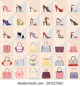 Set of bags and shoes icons. Collection of elegant of bags and shoes