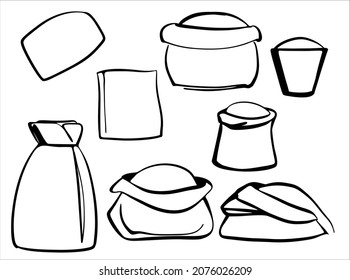 A set of bags and bags with soil for seedlings or fertilizers. Illustration in linear style for coloring.
