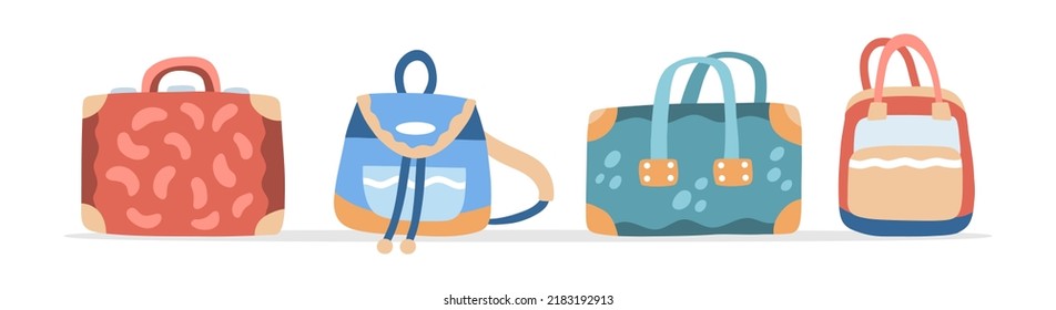 Set of bags, suitcases and backpacks for a comfortable trip. Trendy luggage for stickers, web design, social media and advertisement. Tourism day. Hand drawn cartoon flat vector illustration