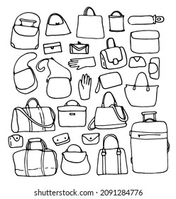 a set of bags and suitcases, wallets. hand-drawn collection of women's bags and bags in doodle style, isolated black outline on white for a design template. Linear icon with black doodle set of bags 