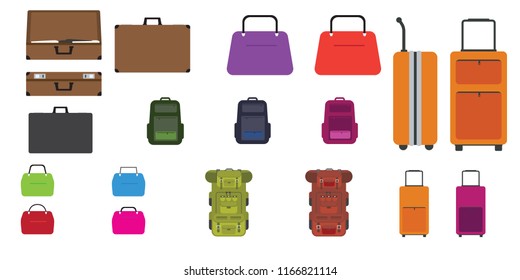 Set of bags. Travel bag, rucksack, woman bag and other bags with Flat design style. Vector illustration.