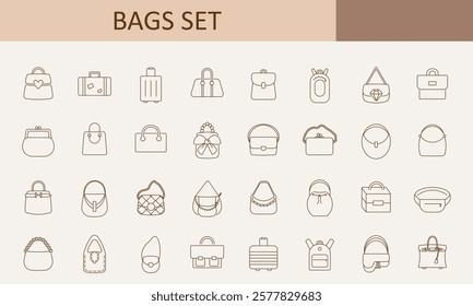 A set of bags of various designs and styles.
a set of bags icons drawn with the pen tool on a beige background