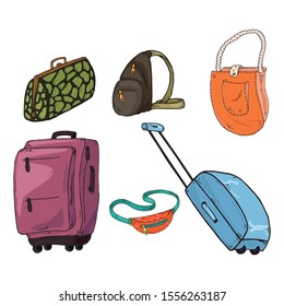 Set of bags. Vector illustration travel bag, women bag, waist bag. Hand drawn set of different bags.