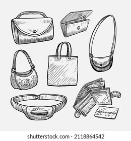 Set Set aus Taschen und Wallets, Vektorgrafik-Elemente einzeln auf weißem Hintergrund