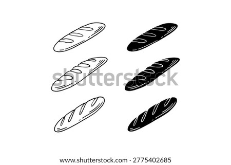 Set of baguette bread loaves hand drawn illustration set in outline and solid fill styles for bakery. artisan baguette sketch and solid element design pack for pastry. Bread loaf long, French baguette