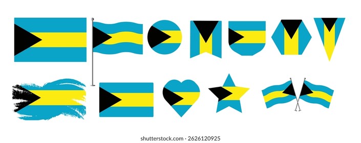 Definir bandeiras, banners, pincel, símbolos, ícone plano das Bahamas. Ilustração vetorial da coleção de símbolos nacionais em vários objetos e sinais e forma de estado 