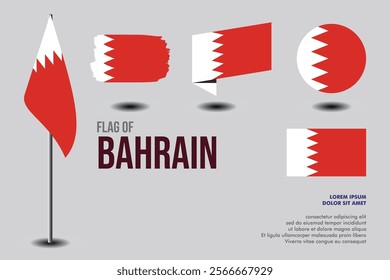 Set of Bahrain flag in 5 designs: flag on pole, brush stroke, skew, round and standard. vector, flat, isolated on grey background