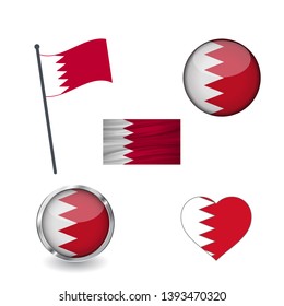 Set of bahrain flags, waving, buttons with different shapes. collection of label, stickers, heart, badge, flagpole on design element. isolated on white background.