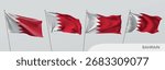 Set of Bahrain waving flag on isolated background vector illustration. 4 red Bahraini wavy realistic flag as a patriotic symbol