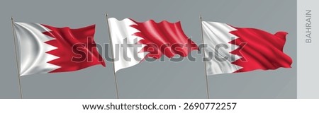 Set of Bahrain waving flag on isolated background vector illustration. 3 red Bahraini wavy realistic flag as a patriotic symbol