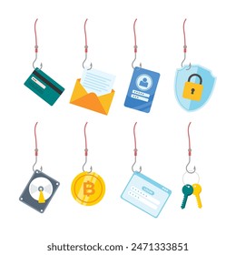 Set of bait hacking, Cyber crime, phishing, stealing personal data. Cyber fraud and online scam with credit card, message, mail, id, disc, security shield, password, key, flat vector illustration.