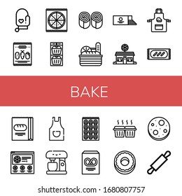 Set of bake icons. Such as Oven mitt, Mix, Pizza, Muffin, Bun, Bread, Loaf, Pizza shop, Apron, Mixer, Bagel, Pretzel, Donut, Chocolate chip, Rolling pin , bake icons