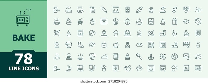 Conjunto de icono de línea de hornear. Contiene símbolos tales como panadería, dulce, panadería, pastel, comida y más. Iconos web delgados. Hornear conjunto de iconos modernos. Trazo editable.