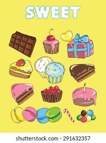 Set with bake and sweets. Background with colorful various candy, sweets and cakes