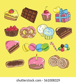 Set with bake and sweets. Background  colorful various candy,   cakes