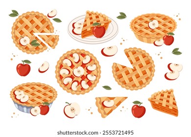 Set of baked apple pie, pie pieces and apples. Food, dessert, sweet. Flat illustration, sweet snack icons