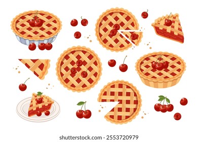 Set of baked cherry pies, pieces of cherry pie. Food, dessert, sweet. Flat illustration, sweet snack icons