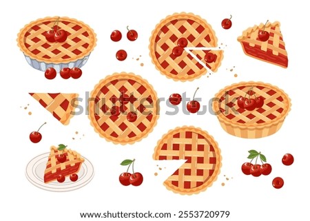 Set of baked cherry pies, pieces of cherry pie. Food, dessert, sweet. Flat illustration, sweet snack icons