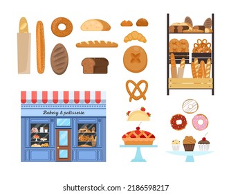 Set with baked food: bread and pastry, and bakery storefront. Flat vector illustration isolated on white background.