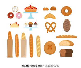 Set with baked food: whole grain bread, french baguette, ciabatta, croissant, bagel, pretzel, cake, donut, pastry for bakery menu design. Flat vector illustration isolated on white background.