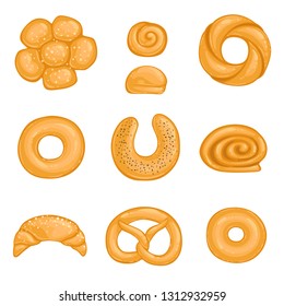 A set of baked goods bagel,croissant, roll, bun with poppy seeds. Vector illustration. Isolated on white background