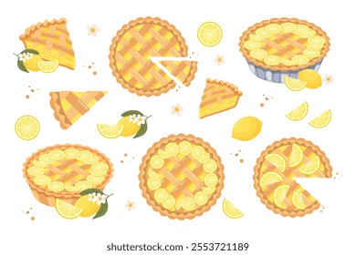 Set of baked lemon pie, pie pieces and lemons. Food, dessert, sweet. Flat illustration, sweet snack icons