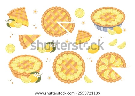 Set of baked lemon pie, pie pieces and lemons. Food, dessert, sweet. Flat illustration, sweet snack icons