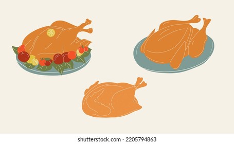 Set of baked turkey for thanksgiving day. Vector in cartoon style. All elements are isolated