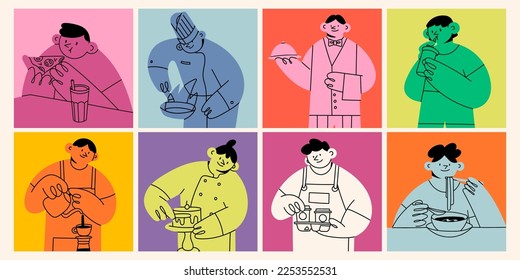 Set of Baker, Waiter, Chef, Barista, eating people. Cute cartoon characters. Hand drawn isolated Vector illustrations. Restaurant staff, fast food, professional kitchen, baking, coffee shop concept