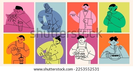 Set of Baker, Waiter, Chef, Barista, eating people. Cute cartoon characters. Hand drawn isolated Vector illustrations. Restaurant staff, fast food, professional kitchen, baking, coffee shop concept