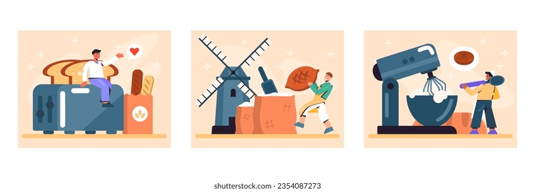 Set of bakers working and baking bread. Man holding bread standing near mill and sacks of flour. Modern manufacture with equipment. Vector Illustration in cartoon style