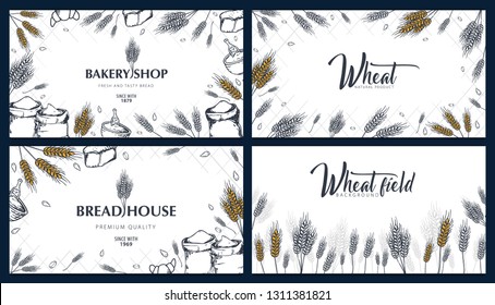 Set of Bakery backgrounds with wheats. Linear graphic. Bread banner collection. Bread house. Vector illustration