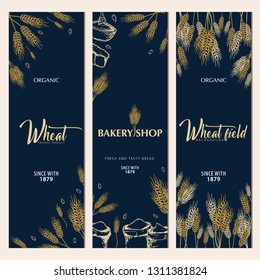 Set of Bakery backgrounds with wheats. Linear graphic. Bread banner collection. Bread house. Vector illustration