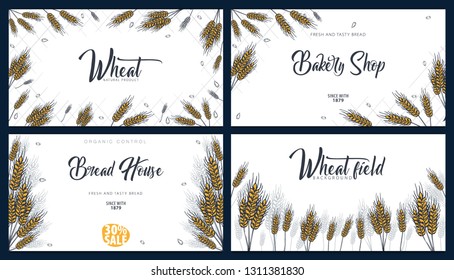 Set of Bakery backgrounds with wheats. Linear graphic. Bread banner collection. Bread house. Vector illustration