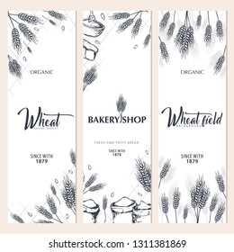 Set of Bakery backgrounds with wheats. Linear graphic. Bread banner collection. Bread house. Vector illustration