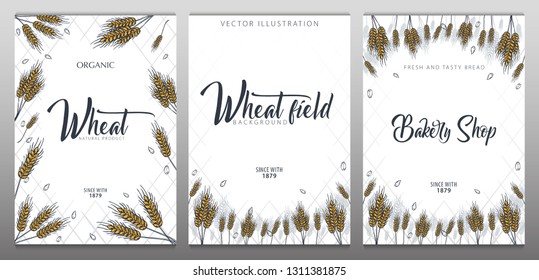 Set of Bakery backgrounds with wheats. Linear graphic. Bread banner collection. Bread house. Vector illustration