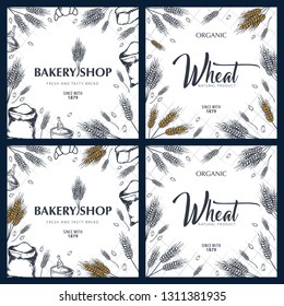 Set of Bakery backgrounds with wheats. Linear graphic. Bread banner collection. Bread house. Vector illustration