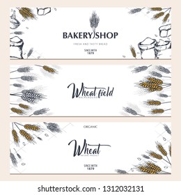 Set of Bakery backgrounds with wheats. Linear graphic. Bread banner collection. Bread house. Vector illustration
