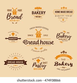 Set of bakery badges with bread, pastry icons and design elements. 