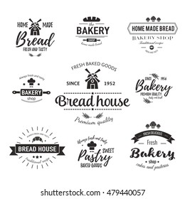 Set of bakery badges with bread, pastry icons and design elements. Vector labels and bakery logo for signage, branding, advertisement.
