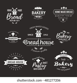 Set of bakery badges with bread, pastry icons and design elements. Vector labels and bakery logo for signage, branding, advertisement.
